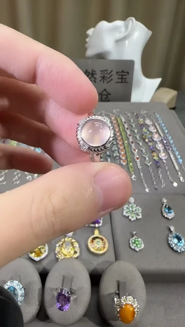 银S925镶嵌戒指芙蓉石12mm星光粉水晶戒指