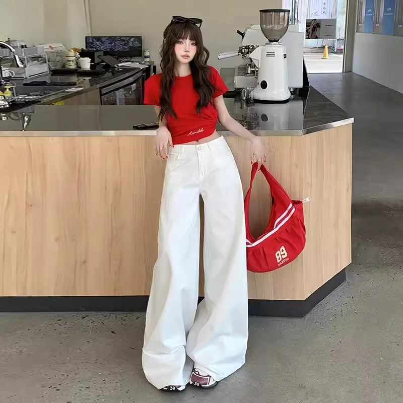 REDR白色直筒牛仔裤女高腰2025春季新款宽松显瘦拖地阔腿长裤子