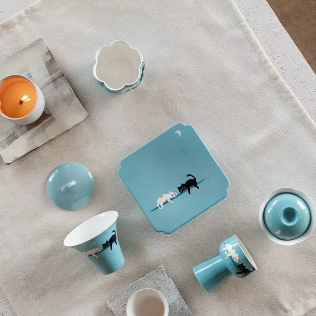 景德镇手绘忧郁狂想喵梦可爱四方壶承 下午茶水果茶点盘四方壶承