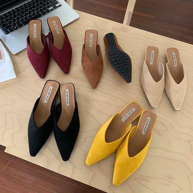 绒面法式V口简约一脚蹬包头半拖鞋女2025新款夏季外穿尖头穆勒鞋