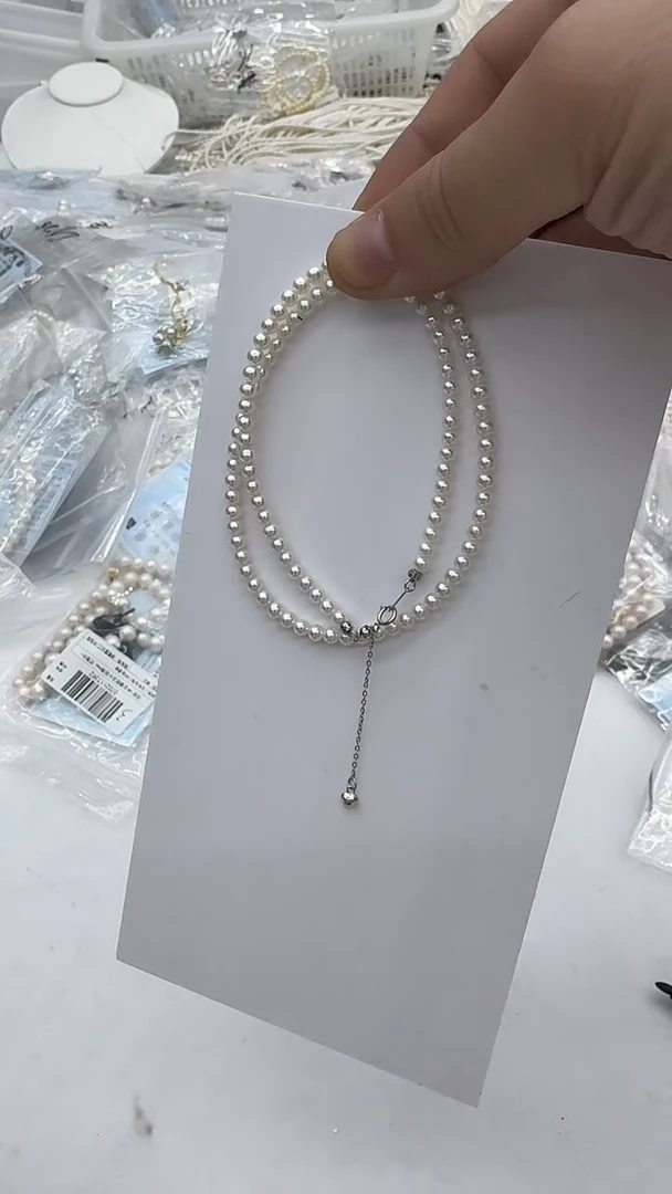 项链银S925镶嵌淡水珍珠3-4mm 爱心尾链