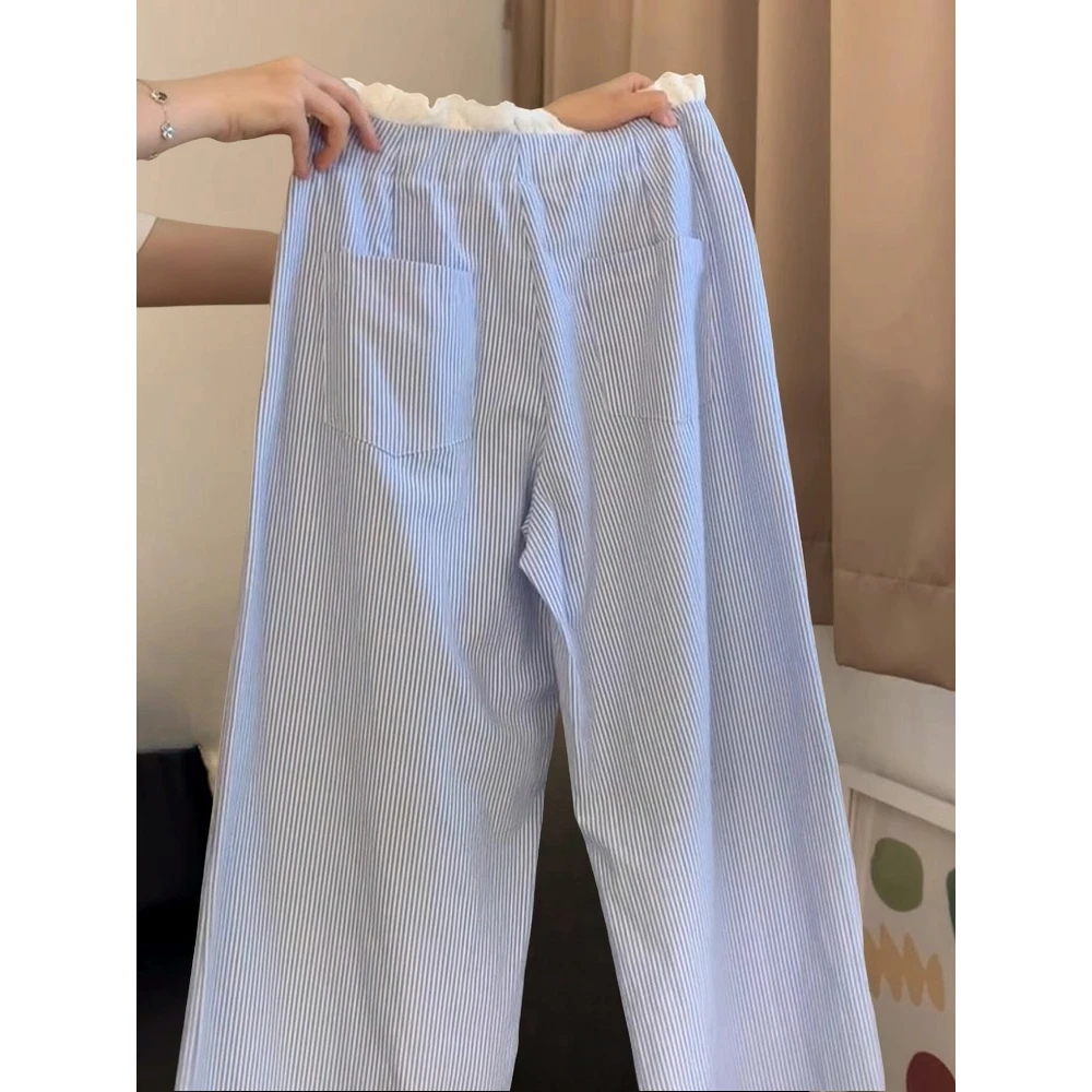 巨好搭配~随便搭都有范！蓝色条纹裤女休闲裤拼接小个子慵懒阔腿裤