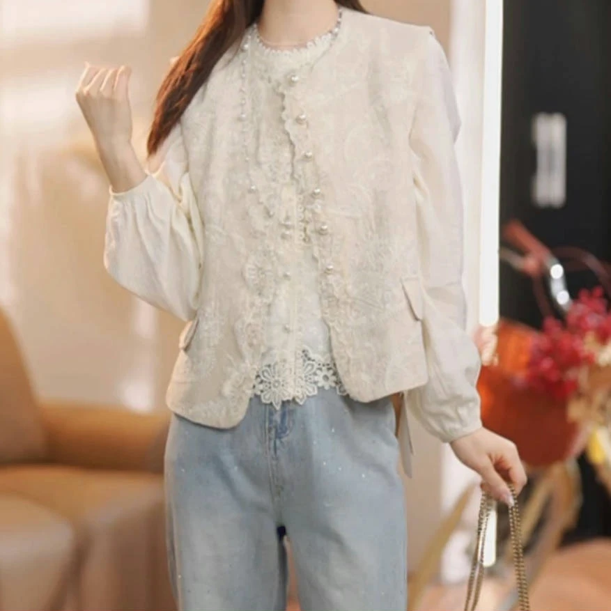 圆领亚麻蕾丝花边法式浪漫马夹女2025春款设计感时尚重工无袖上衣
