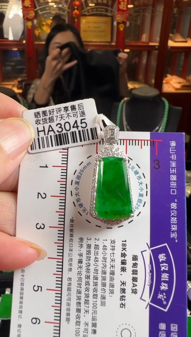 颈饰18K金镶嵌翡翠HA3045冰辣绿无事牌