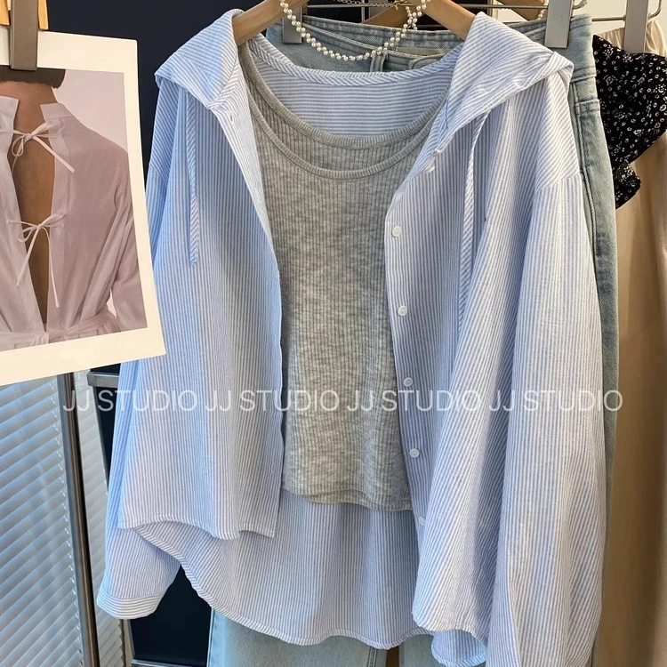 【杭州意法好货】刺绣字母韩国条纹宽松连帽长袖衬衫女春秋条纹衬衣