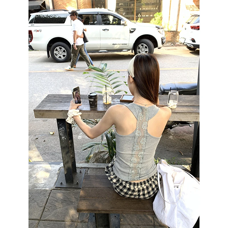 【璀璨之恋背心】春夏工字蕾丝U领性感辣妹纯色灰色背心251H0712