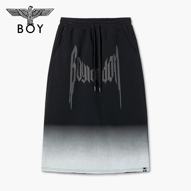 BOYLONDON潮牌女款黑灰渐变字母印花朋克复古宽松半身裙 W18002