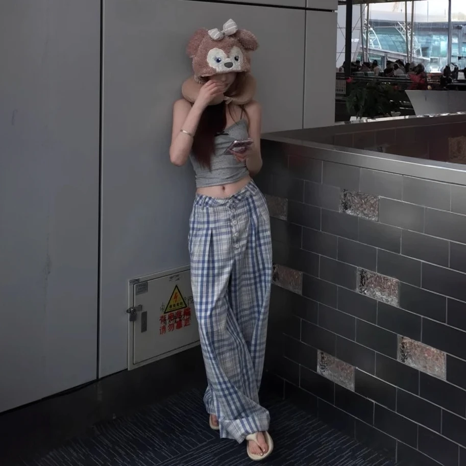 175高个子复古加长版格子阔腿裤女夏季高腰水洗蓝直筒休闲工装裤