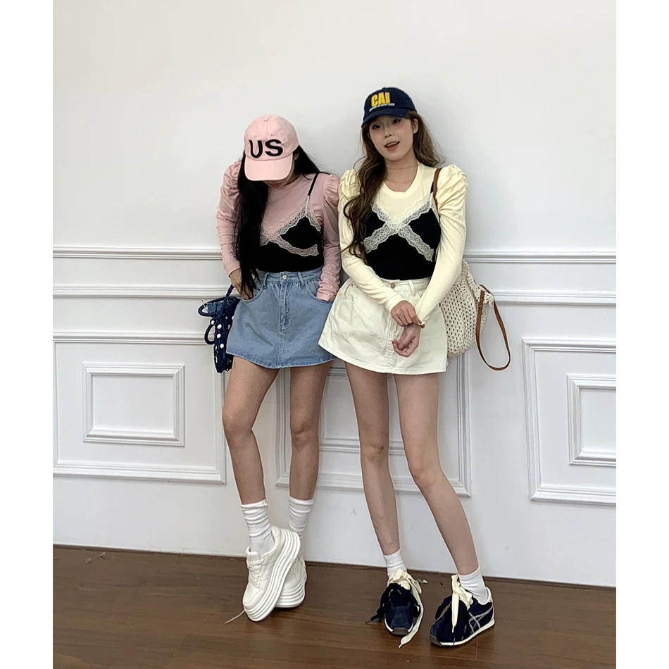 【延续小精致】泡菜定制褶皱袖T恤 蕾丝拼接胸垫吊带上衣两件套