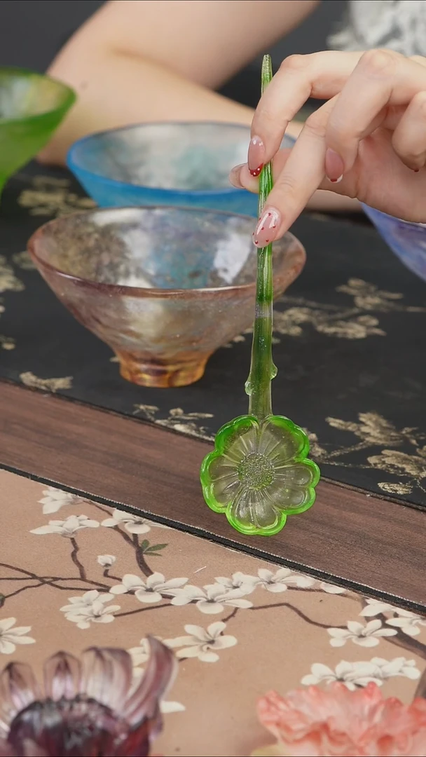 手工艺品琉璃绿色花朵茶匙