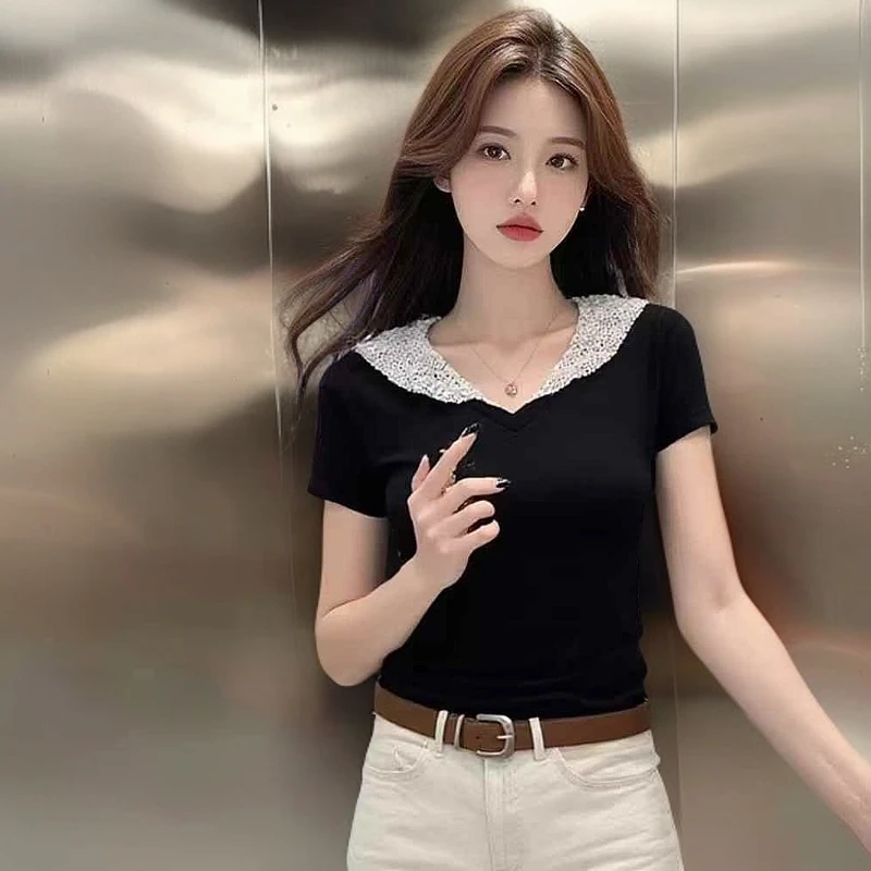 黑色T恤百搭气质t恤打底衫连帽拼接韩版蕾丝设计感显瘦短袖帽衫