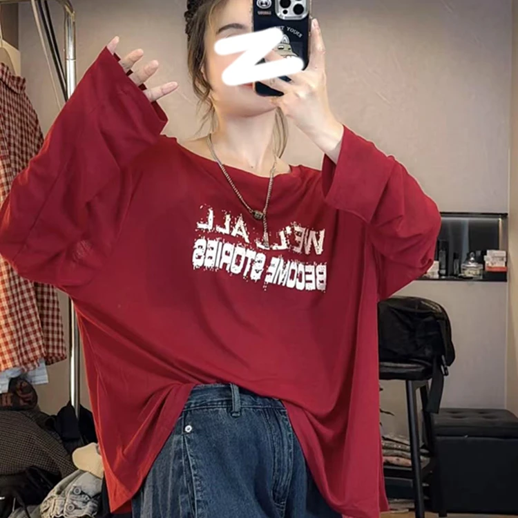 韩版设计字母印花露肩长袖T恤女夏季2025新款小个子微透防晒上衣