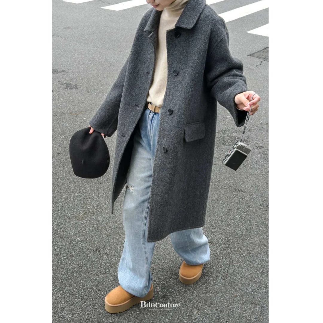 BDN【方领单排扣中长款】加厚牦牛绒桑蚕丝宽松绵羊毛女大衣25秋冬