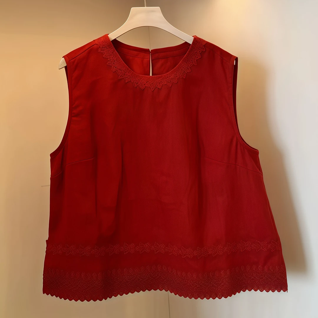 2025夏季新款刺绣花边圆领无袖宽松百搭中国风设计感简约洋气上衣