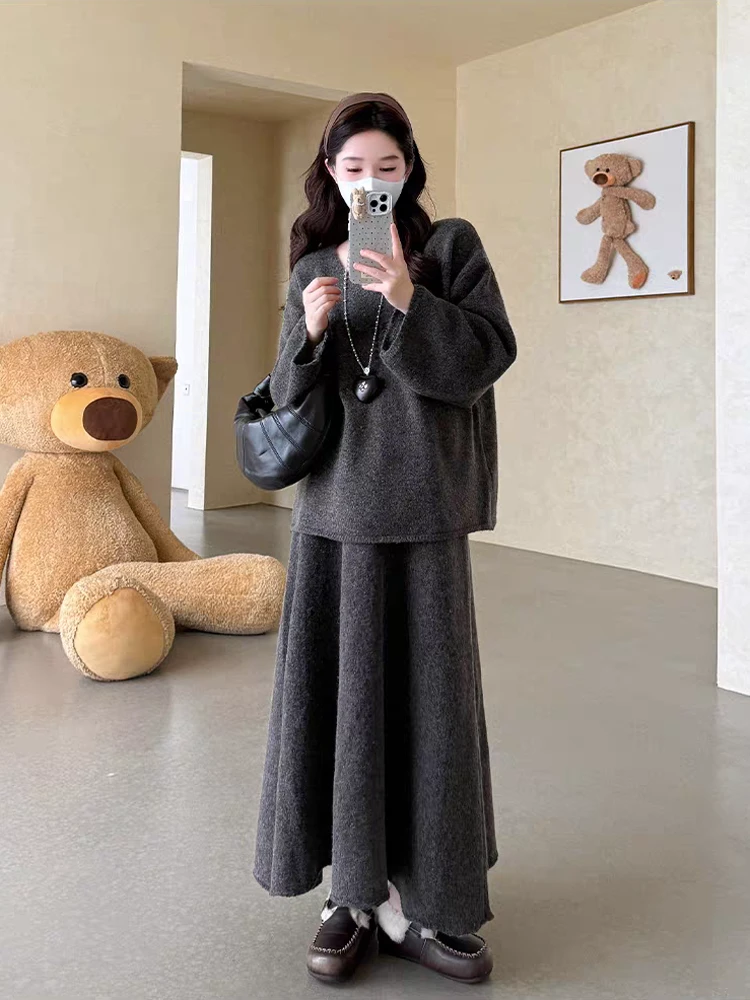 韩系穿搭V领套头毛衣半身裙套装女秋冬季新款慵懒风针织衫两件套