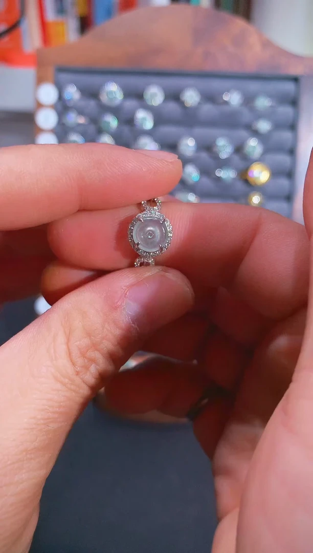 银S925镶嵌戒指翡翠S925银镶翡翠平安扣女饰品