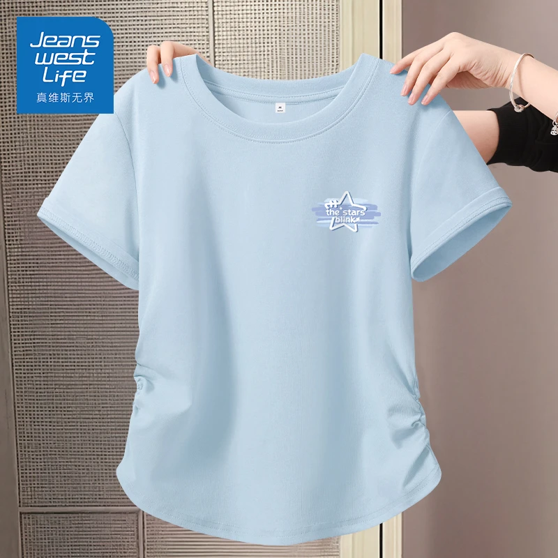 真维斯无界常规抽褶韩版半袖时尚春游减龄T恤夏季短袖休闲风女款