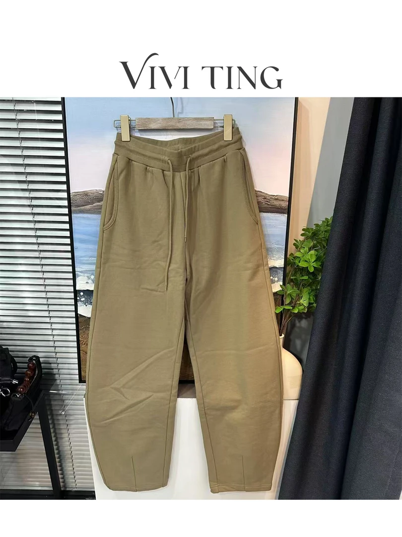 【VIVI·TING】婷姐推荐休闲百搭纯色净版抽绳裤卡其色镰刀裤F541