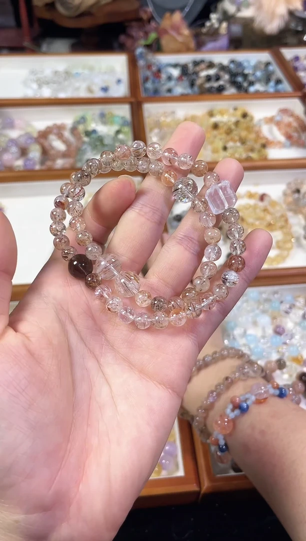 未镶嵌手串水晶【黑金超七双圈】天然满发黑金超七双圈手串