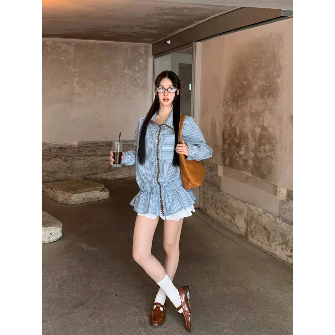 秋季气质贝壳绣设计感条纹翻领BD衬衫C 9124#