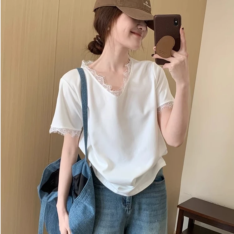 韩系时尚V领蕾丝花边T恤女夏季新款高级感百搭小众宽松显瘦上衣潮