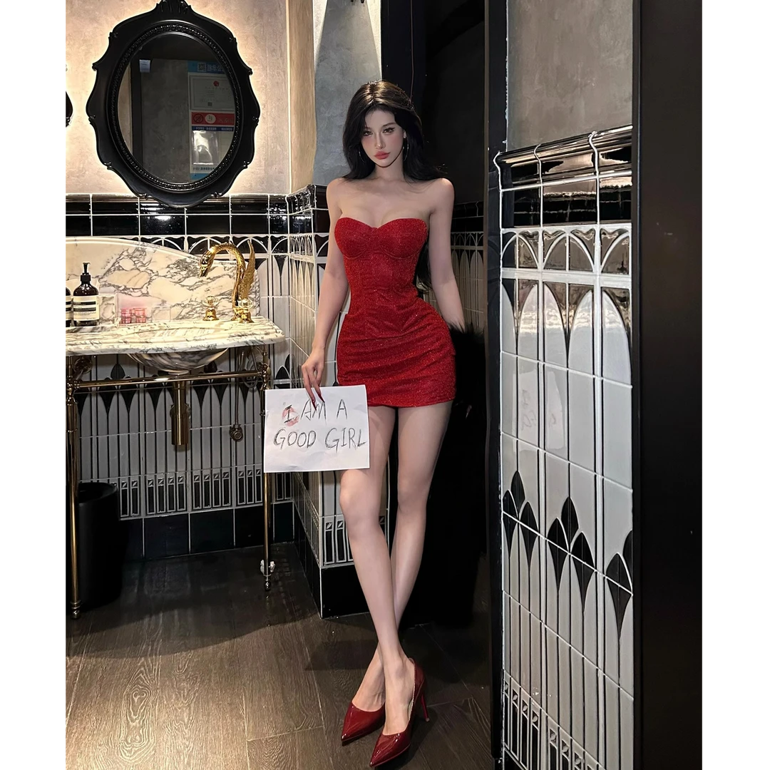 【圣诞氛围感】2024冬季抹胸连衣裙红色性感包臀显瘦宴会礼服连衣裙