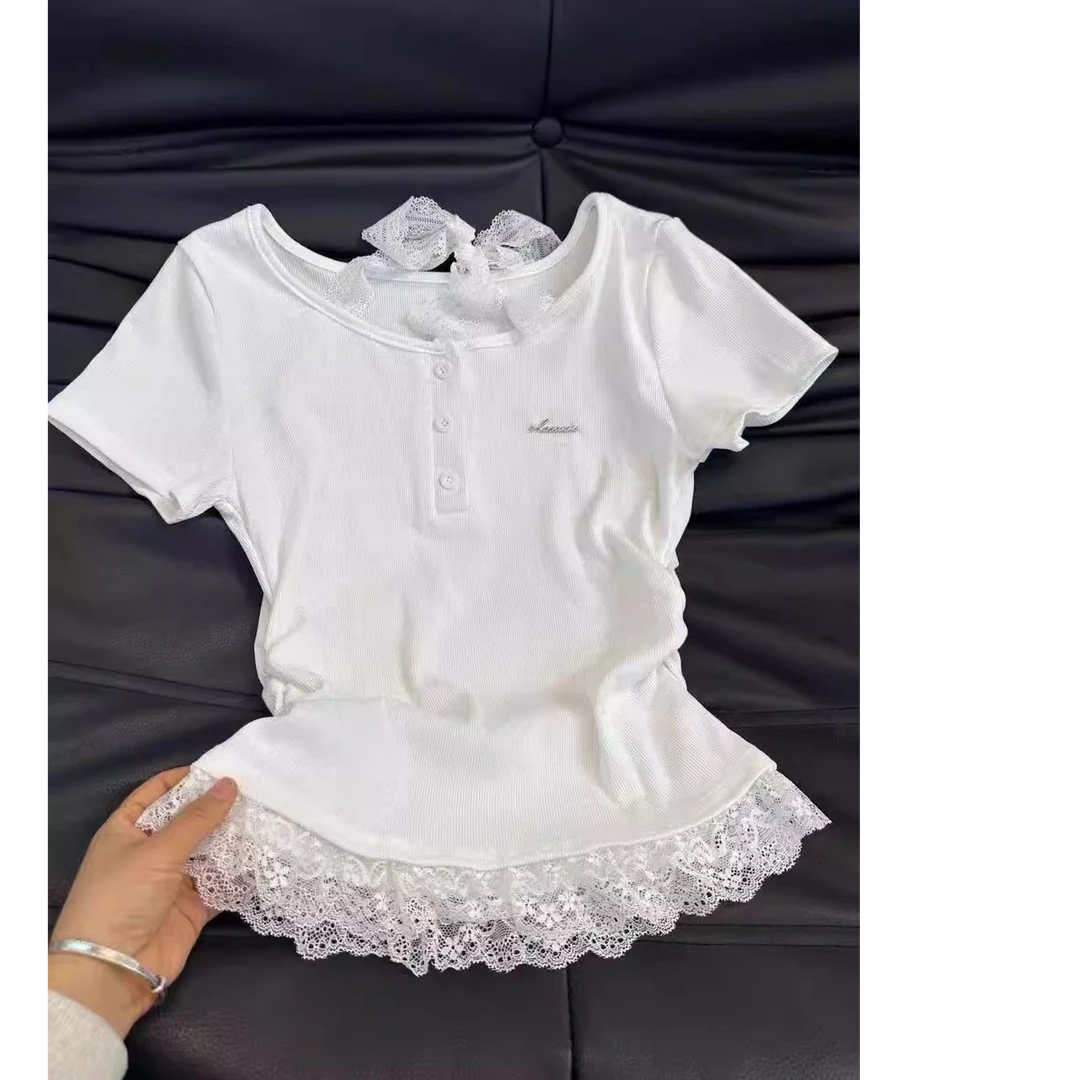 【6734】纯欲甜辣妹蕾丝拼接挂脖短袖t恤女夏季收腰显瘦正肩上衣