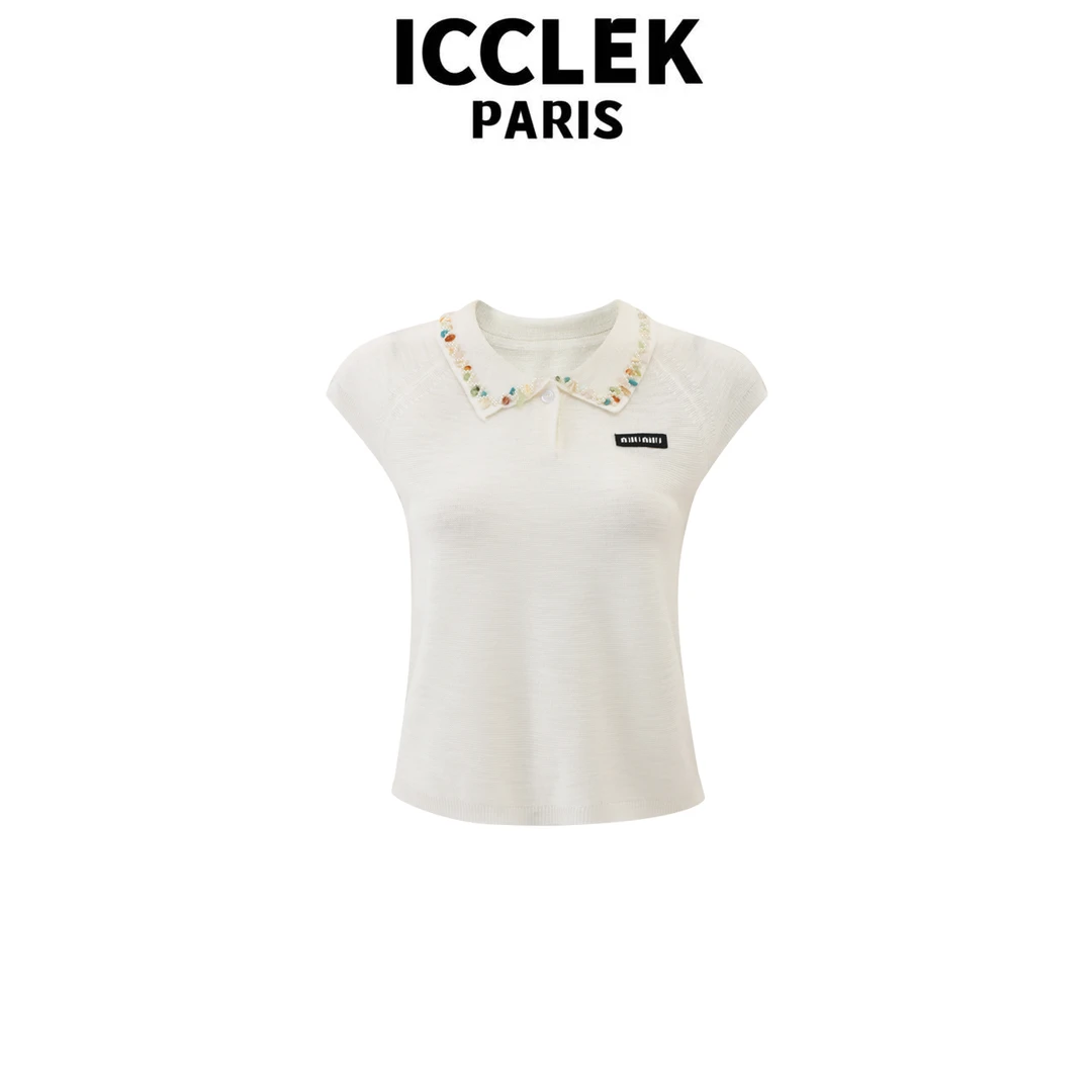 ICCLEK 白色翻领钉珠短袖针织衫百搭时尚夏季减龄显瘦上衣 -5469