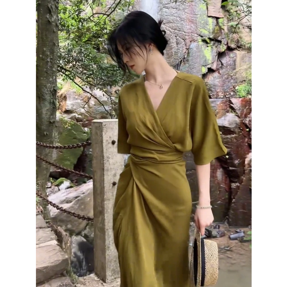 法式轻奢高腰长裙气质小众日式系带纯色套头上档次夏季显瘦连衣裙