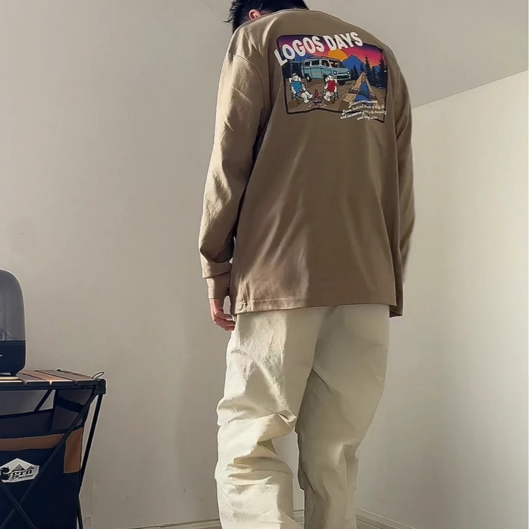 日单乐格士春款长袖T恤露营图案设计男女百搭打底衫动漫印花宽松