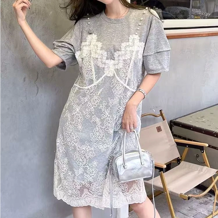 96202#6962#蕾丝拼接假两件连衣裙手工钉珠设计感T恤显瘦吊带裙