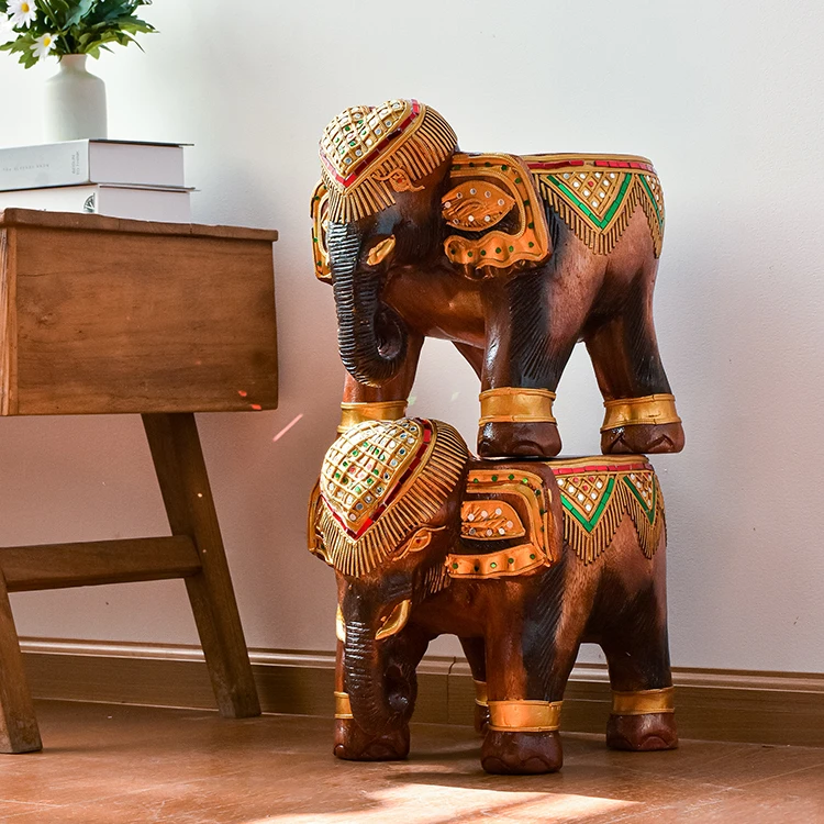 披金大象凳泰国手工门口家用木凳换鞋凳实木茶几圆矮凳东南亚风情