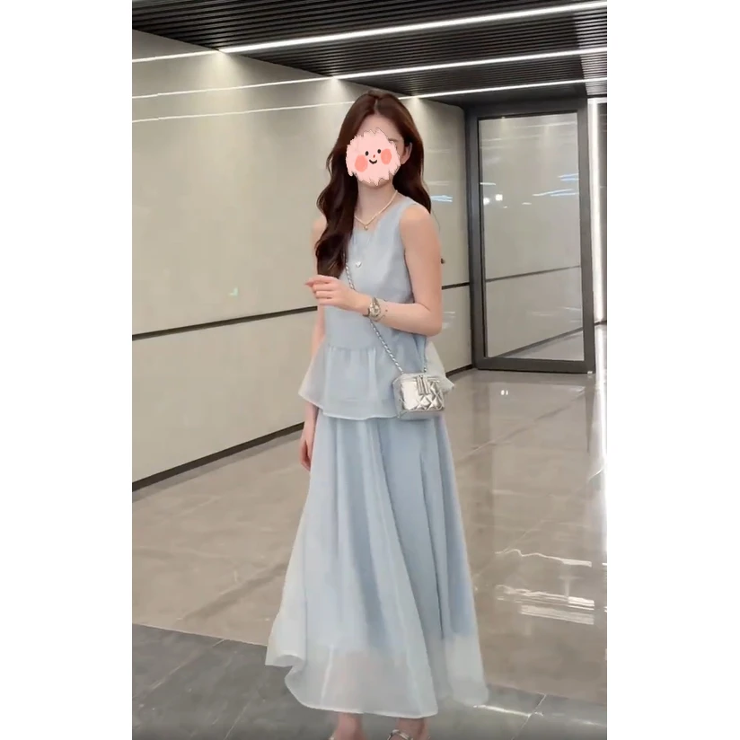 2025夏季新款气质温柔蓝色套装减龄圆领无袖上衣时尚半身裙两件套