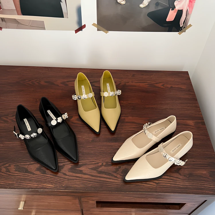 法式气质粗跟尖头单鞋女2025春夏新款一字带玛丽珍时尚浅口中跟鞋