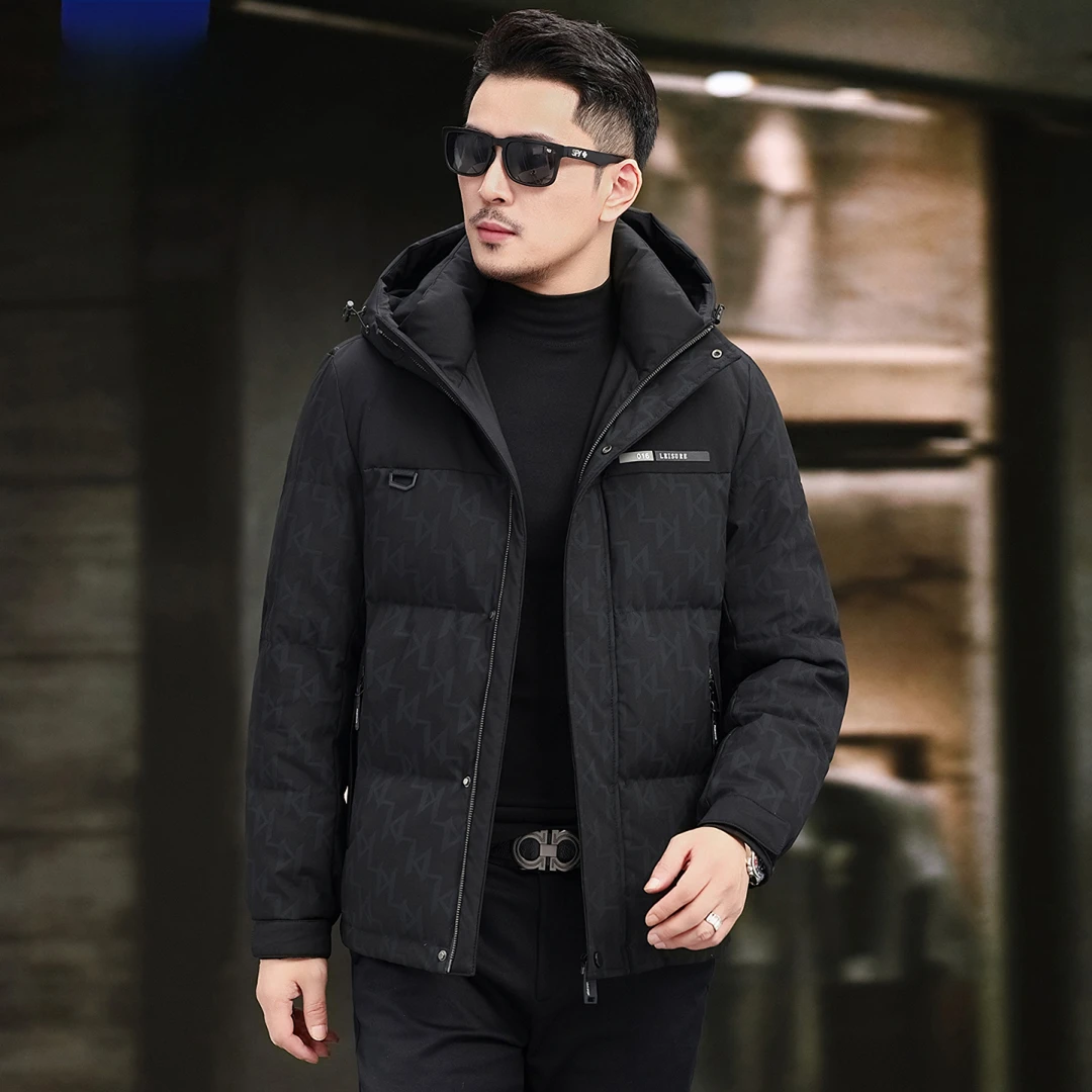 肯梅灵列潮流印花羽绒服男连帽短款冬季加厚保暖时尚休闲鸭绒外套