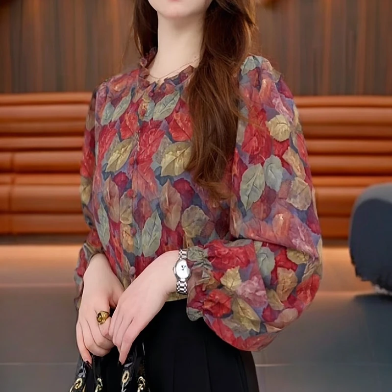 春夏季薄款长袖碎花冰丝衬衫大码遮肚子宽松显瘦洋气减龄防晒小衫