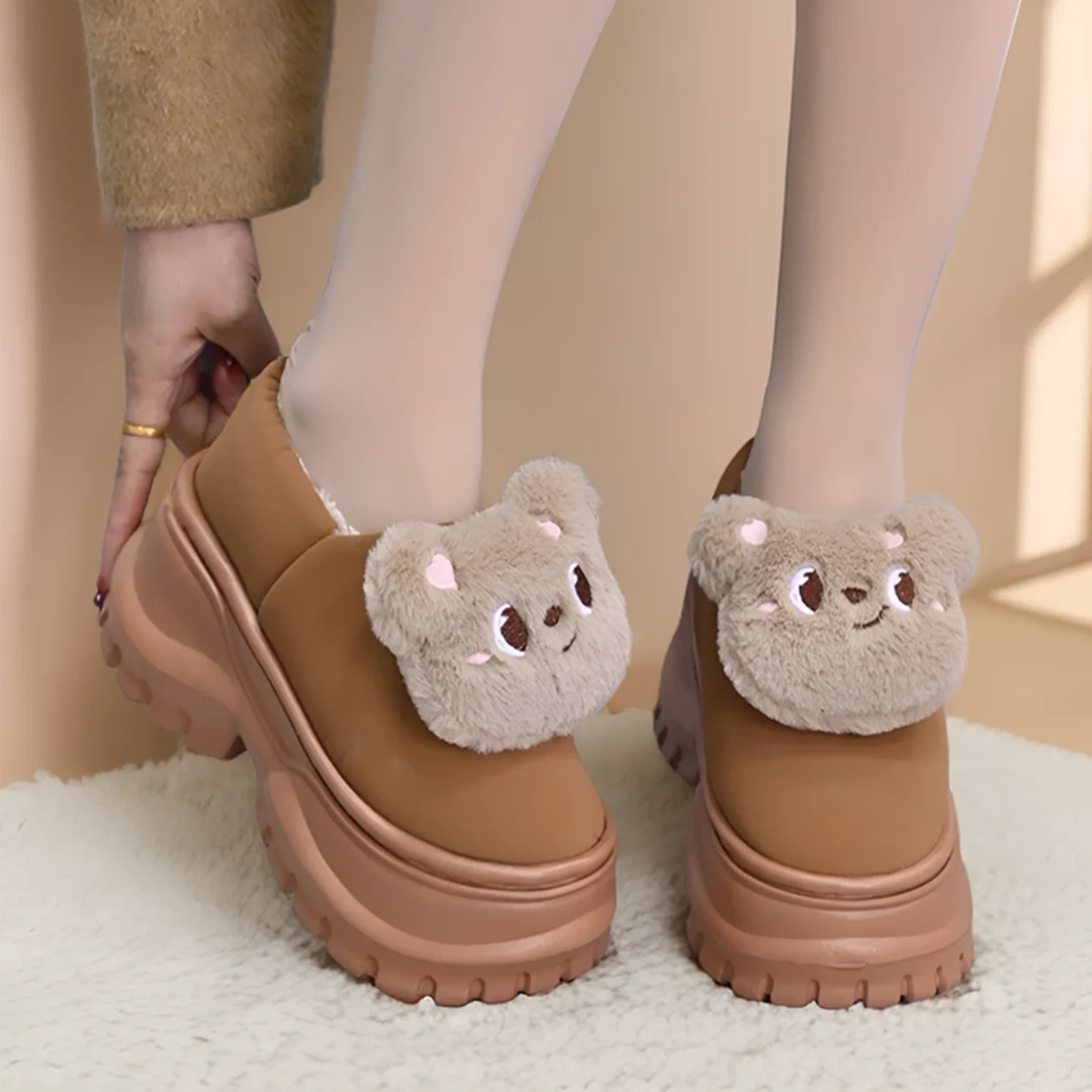 2025新款包跟棉鞋女冬季防滑室内保暖加绒可爱小熊增高厚底棉拖鞋