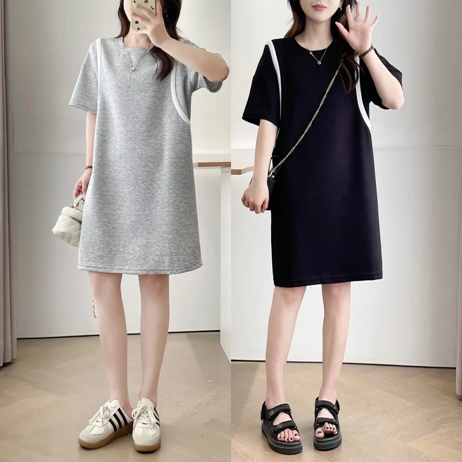 大码胖mm百搭显瘦拼色休闲圆领连衣裙夏季新款宽松减龄气质中长裙