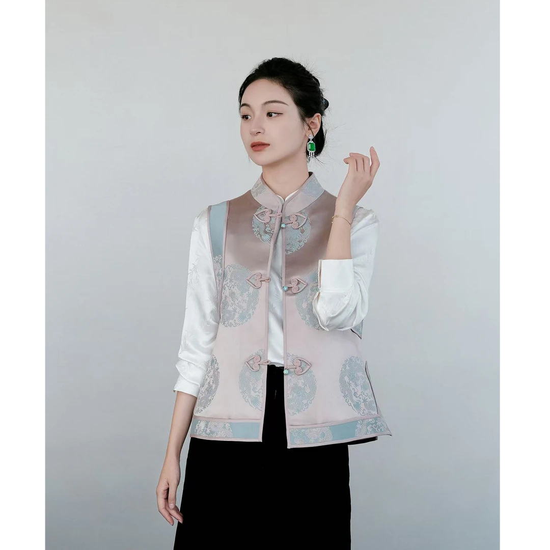 盛唐婧中式国风库缎团圆立领马甲新款时尚洋气百搭女款外穿