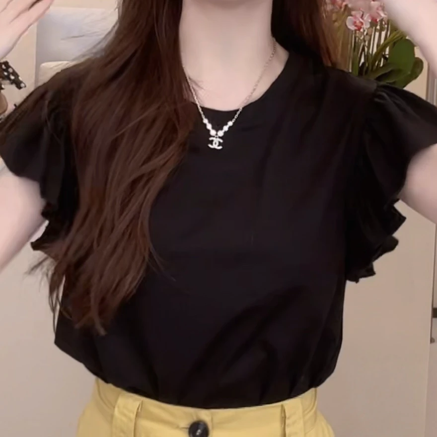 夏季甜美系法式设计捏褶花朵袖圆领短袖体恤女新款气质时尚上衣