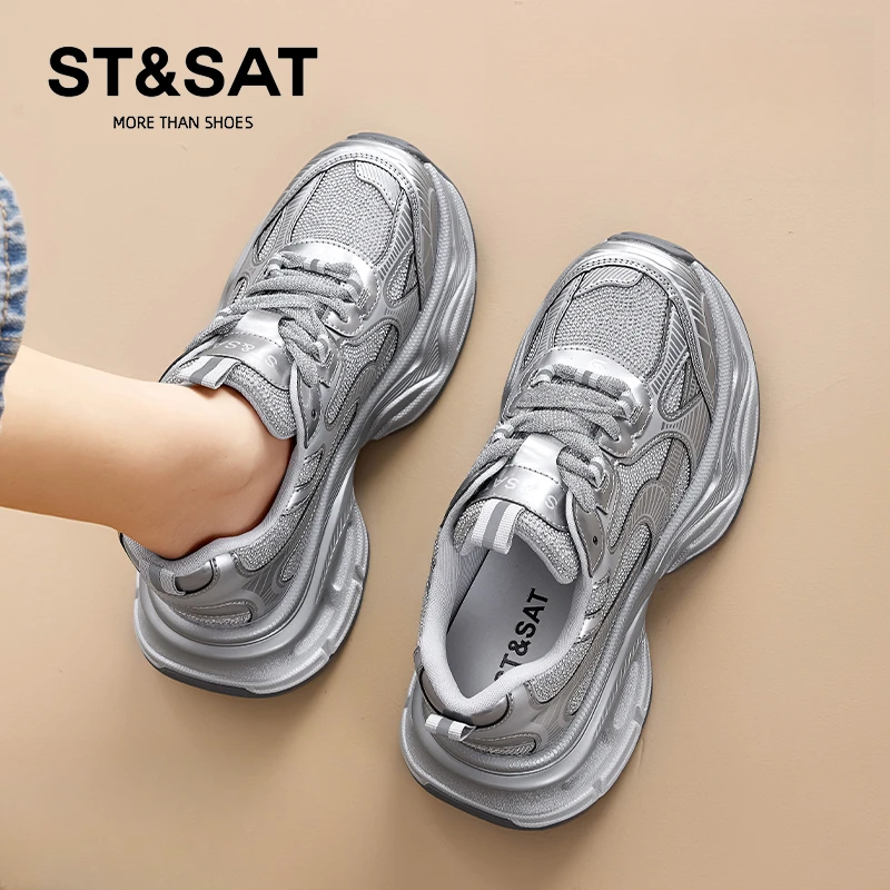 星期六高级感烫钻网面老爹鞋女秋季6cm~厚底显脚小轻便透气运动鞋