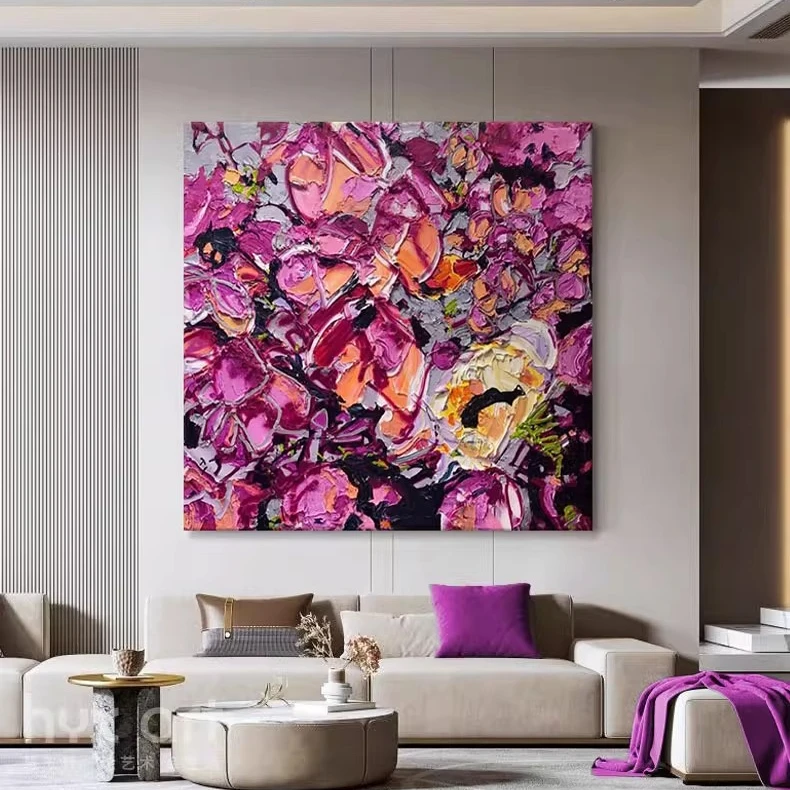 FLD.手绘油画《紫梦迷离》客厅方形装饰画紫色高级抽象画玄关挂画