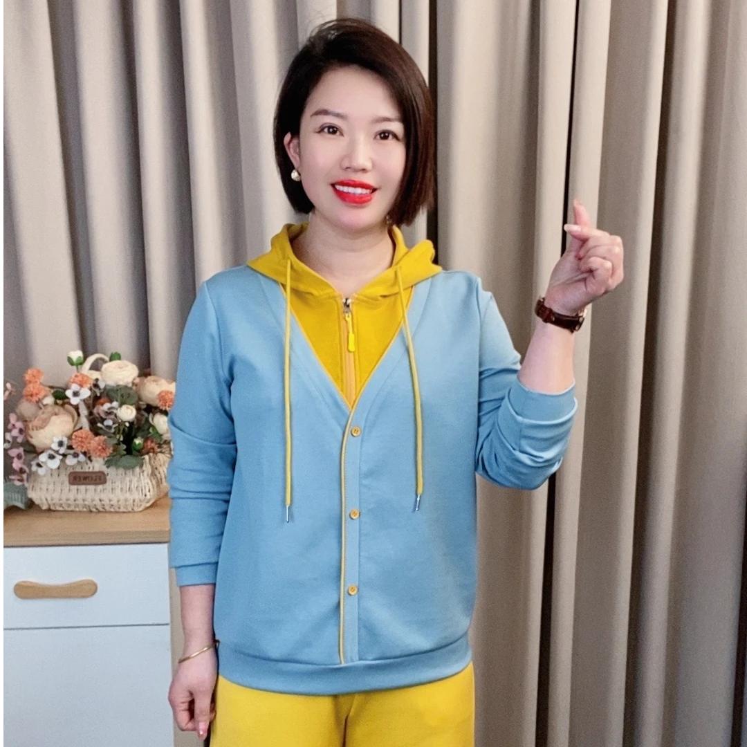 （沐媱）新款洋气时尚百搭连帽卫衣套头休闲拉链宽松型减龄女装