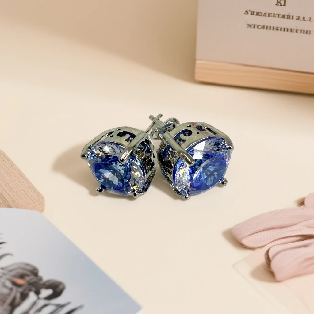 大蓝耳钉四爪白托方圆主石款------b217