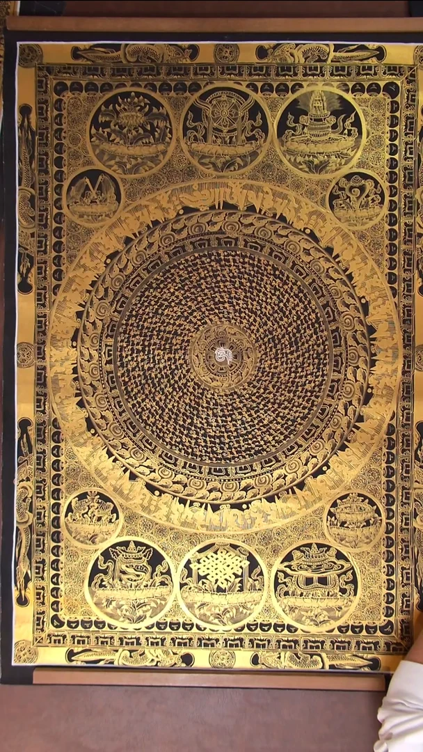 卷轴画黑金六字手绘唐卡太阳作品90cm60cm