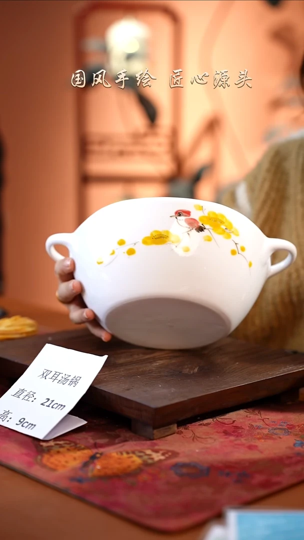 陶瓷景德镇釉中彩餐具双耳汤锅直径21高9