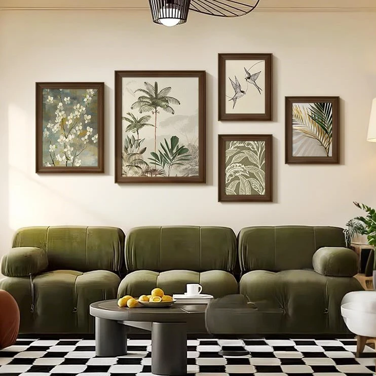 法式复古绿色系客厅装饰画中古风组合壁画小众艺术沙发背景墙挂画