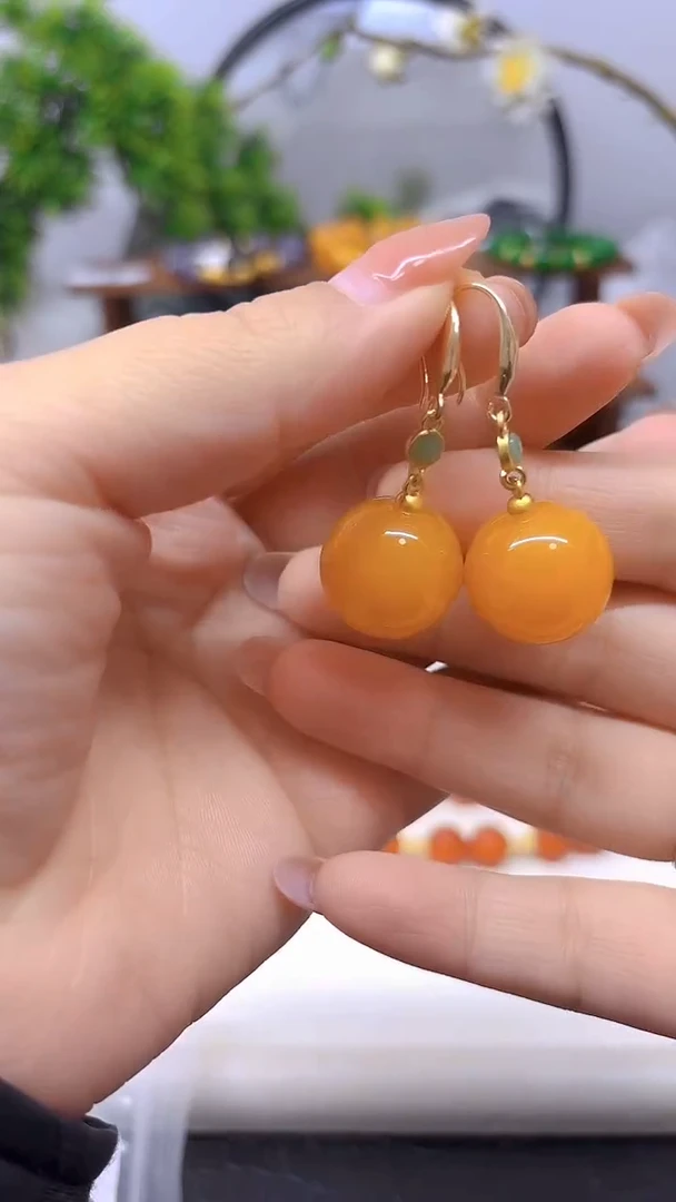 蜜蜡14K金镶嵌耳饰E893