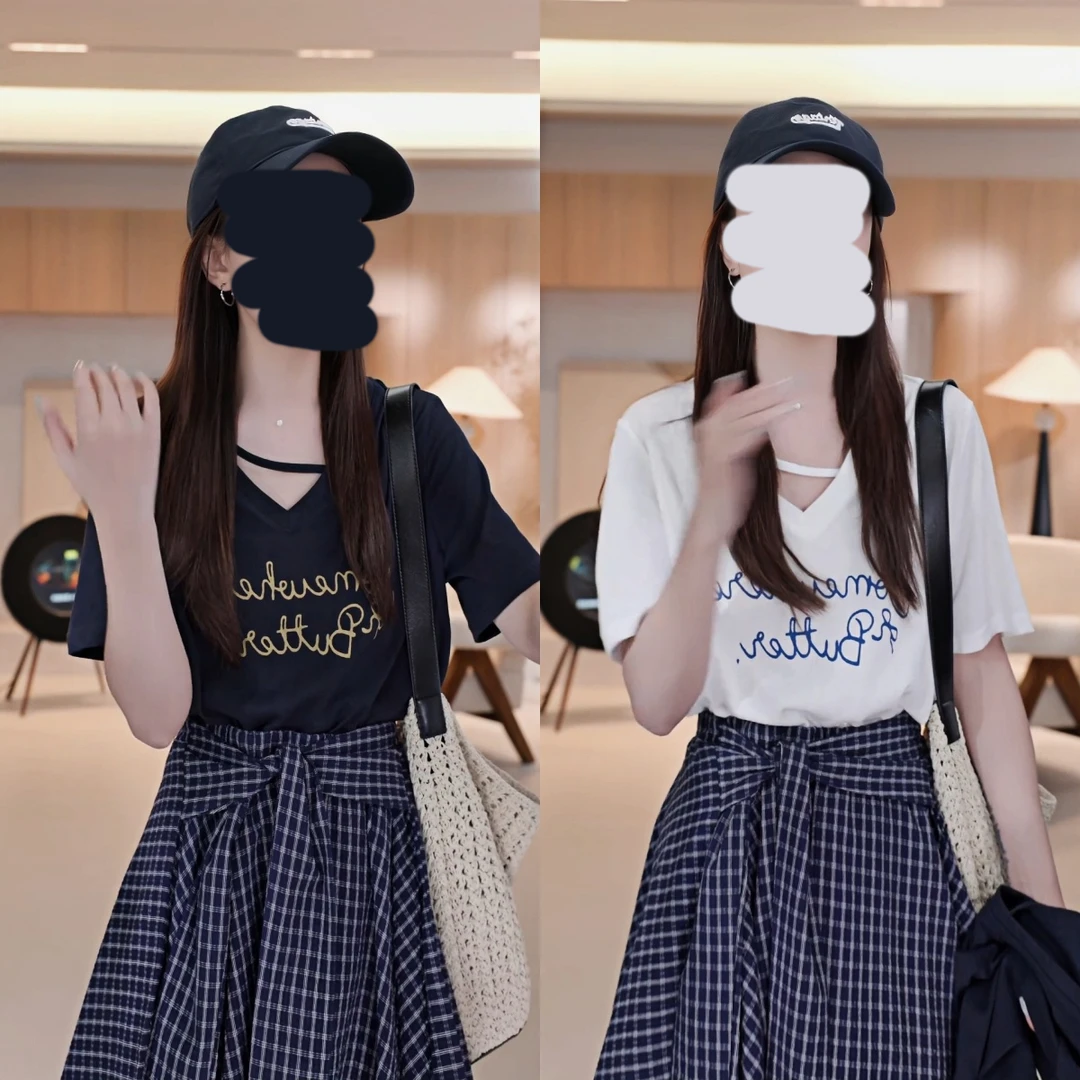 气质设计感小众宽松V领慵懒风字母短袖t恤女2025夏季新款上衣
