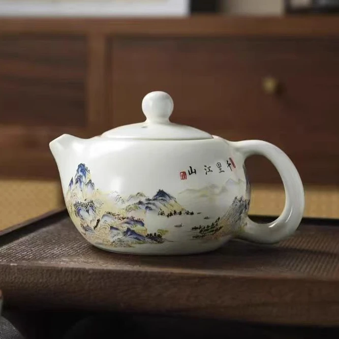 汝窑千里江山西施壶复古陶瓷手抓壶3204防烫家用